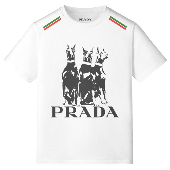 Prada Other - Prada White Tee with Black Doberman Trio and Red-Green Shoulder Stripes